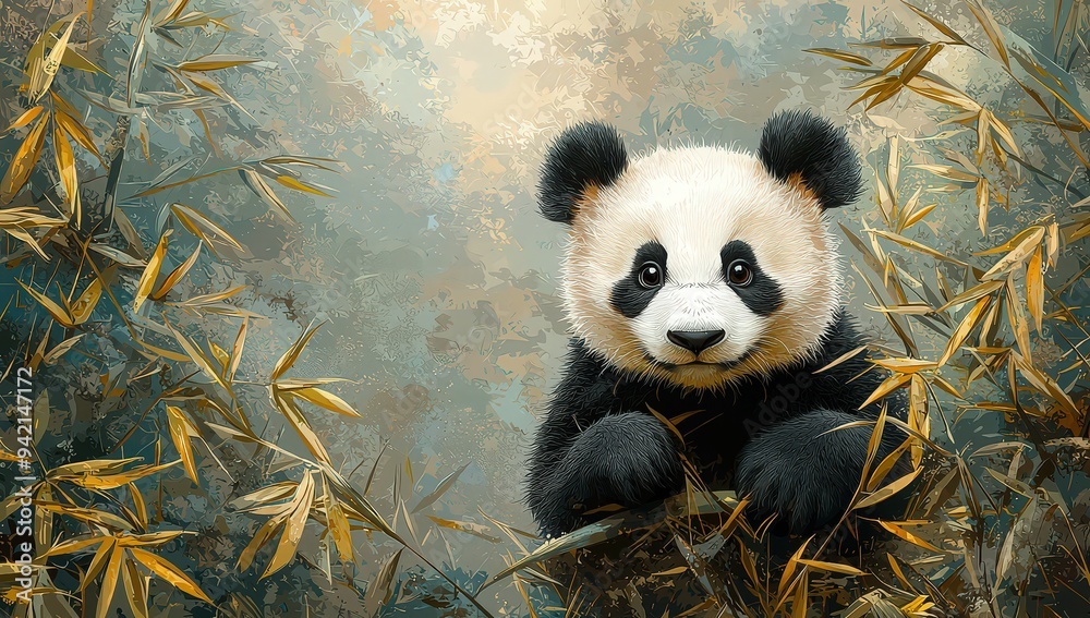 Fototapeta premium A cute panda climbing on bamboo,