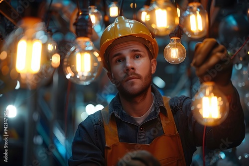 A Skilled Electrician Illuminating a Workshop with Vintage Light Bulbs