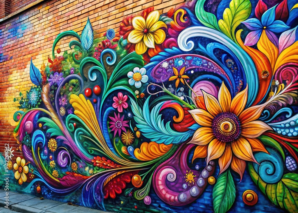 Vibrant mural on urban brick wall depicting abstract flowers and swirling patterns, with splashes of color and dynamic brushstrokes, capturing creative city street art essence. Vibrant mural on urban brick wall depicting abstract flowers and swirling patterns, with splashes of color and dynamic brushstrokes, capturing creative city street art essence.