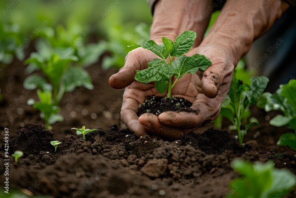 Nurturing Growth: A Gardener's Hands Planting a Young Seedling in Rich Soil Nurturing Growth: A Gardener's Hands Planting a Young Seedling in Rich Soil