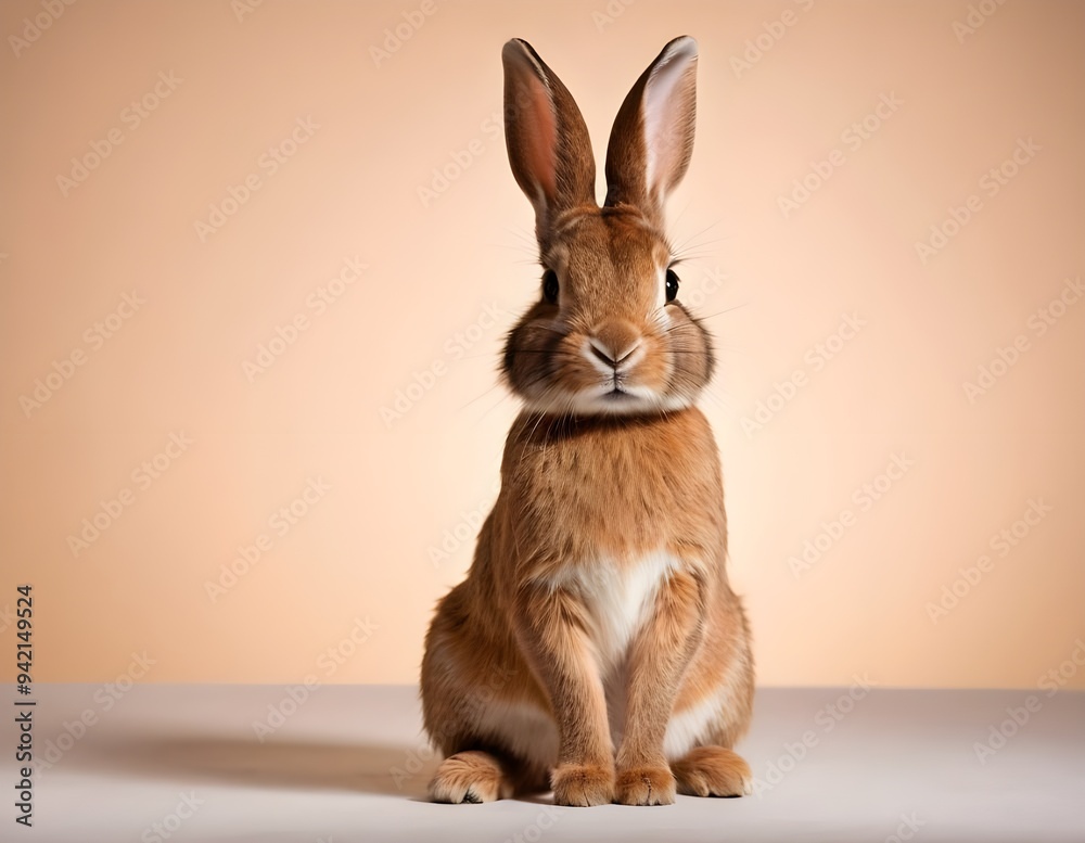 Fototapeta premium Curious rabbit sitting upright on a wooden surface against a soft beige background in indoor setting