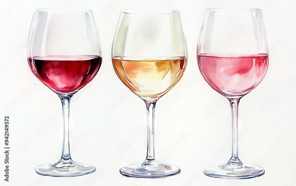 Watercolor painting featuring three wine glasses filled with red, white, and rosé wine, showcasing different wine varieties.
Watercolor painting featuring three wine glasses filled with red, white, and rosé wine, showcasing different wine varieties.