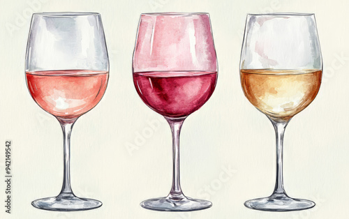 Watercolor painting featuring three wine glasses filled with red, white, and rosé wine, showcasing different wine varieties.