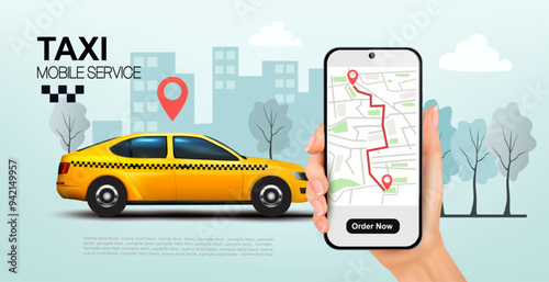 Taxi service concept. Yellow taxi car driving to the call place and hand holding smartphone with taxi service mobile app or ordering taxi online.