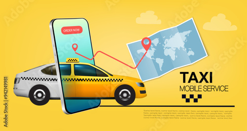 Taxi service concept. Yellow taxi car driving to the call place and hand holding smartphone with taxi service mobile app or ordering taxi online.