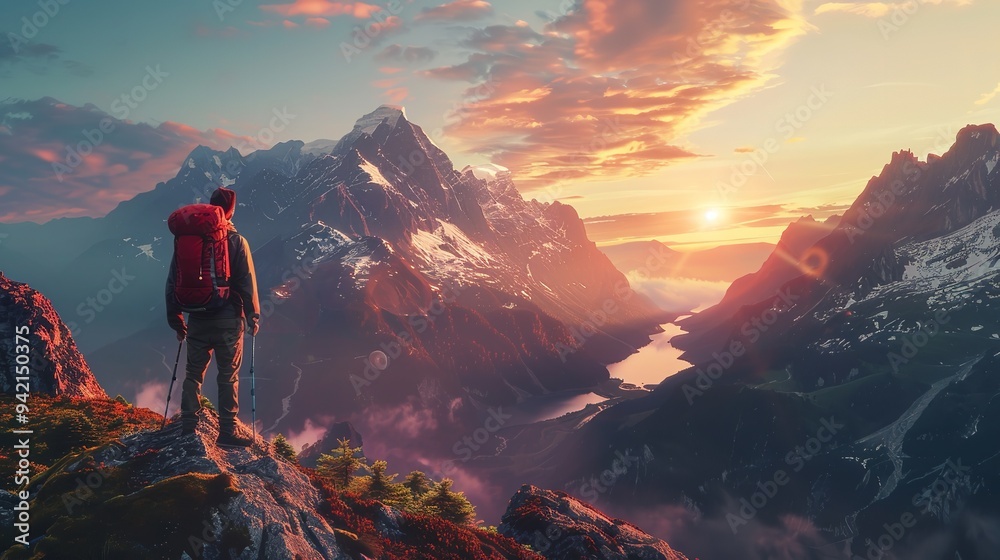 Fictional Hiker stands at the summit of a difficult mountain climb to be greeted with a beautiful view of the sunrise. Fictional Hiker stands at the summit of a difficult mountain climb to be greeted with a beautiful view of the sunrise.