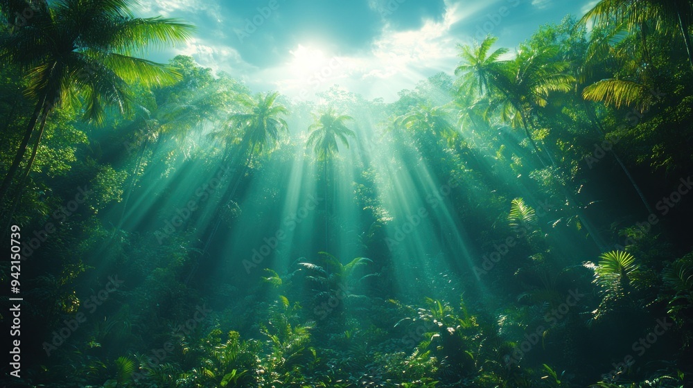 Sunbeams Through Lush Tropical Rainforest Sunbeams Through Lush Tropical Rainforest