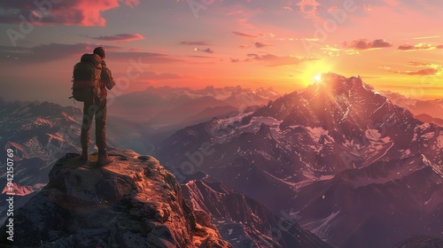 Fictional Hiker stands at the summit of a difficult mountain climb to be greeted with a beautiful view of the sunrise.