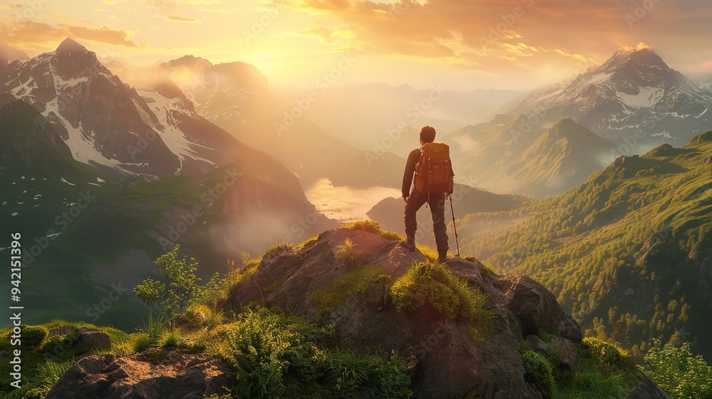 Fictional Hiker stands at the summit of a difficult mountain climb to be greeted with a beautiful view of the sunrise. Fictional Hiker stands at the summit of a difficult mountain climb to be greeted with a beautiful view of the sunrise.