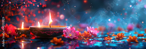 Diwali, indian holiday, Hindu festival of lights, religious celebration at the month of Ashvin, candle light and bokeh photo