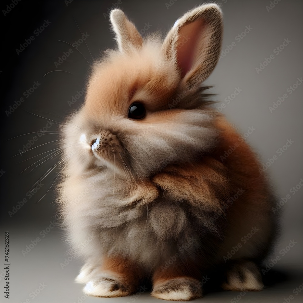 Obraz premium Curious rabbit sitting upright on a wooden surface against a soft beige background in indoor setting