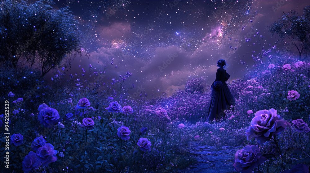 The image depicts a serene, dreamlike scene under a starry night sky. A solitary figure, dressed in a dark, flowing gown, stands on a meandering path surrounded by lush, vibrant roses and other flower