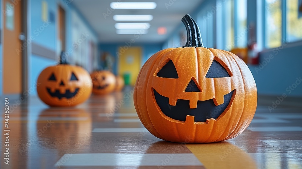 A series of carved pumpkins with classic Jack-O'-Lantern expressions line a brightly lit hallway, capturing the essence of Halloween festivity A series of carved pumpkins with classic Jack-O'-Lantern expressions line a brightly lit hallway, capturing the essence of Halloween festivity