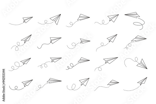 Hand drawn doodle paper plane set. isolated planes flight path. Line airplane icon travel, route. 