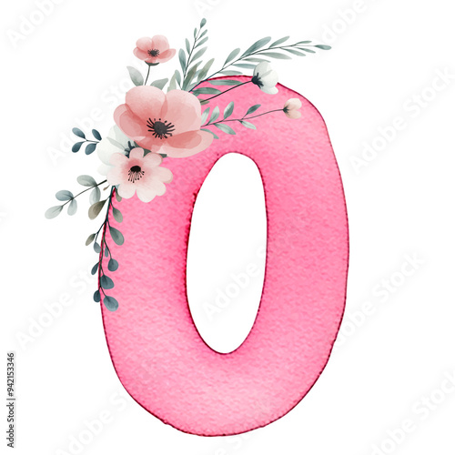 Hand drawn watercolor number 0 with delicate flowers. Pink painting of the number zero.