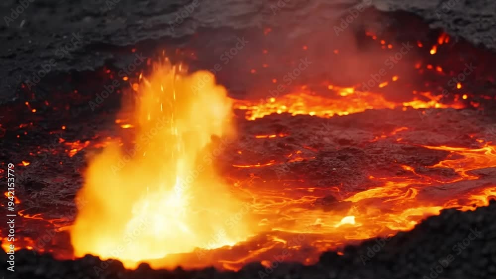 Vivid close-up of a volcanic eruption featuring a fiery lava fountain against a dark, rugged terrain.