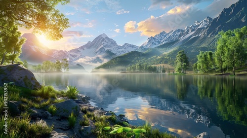 fantastic lake landscape with high mountains in the background on a summer day