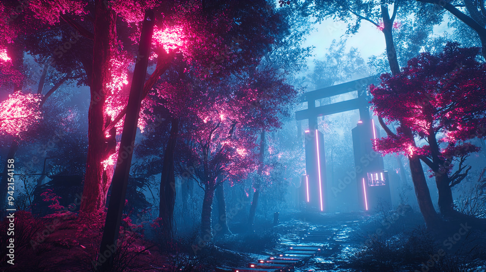 Fototapeta premium A mystical forest scene with dense trees illuminated by vibrant, neon pink lights. The trees are tall, with their leaves glowing due to the artificial lighting. A pathway made of wooden planks meander