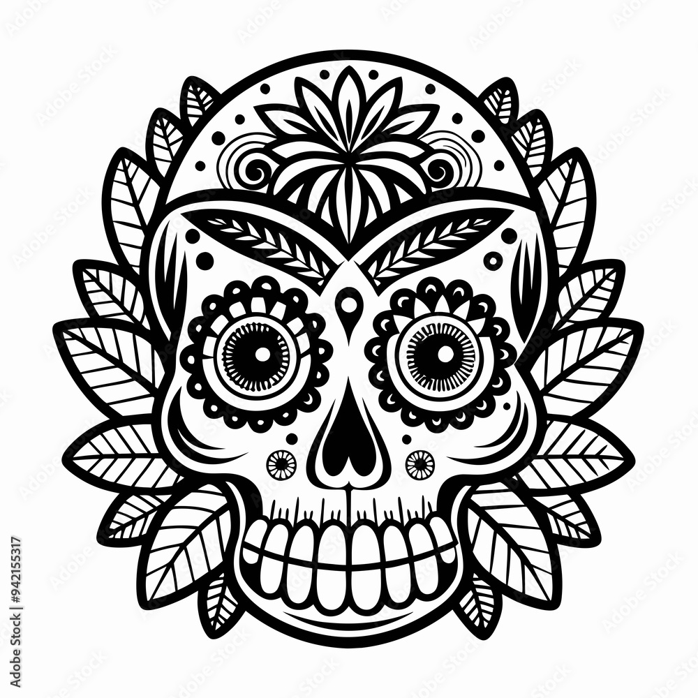 A detailed black sugar skull design A detailed black sugar skull design