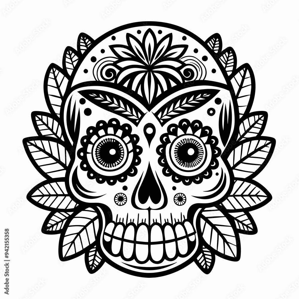 A detailed black sugar skull design A detailed black sugar skull design