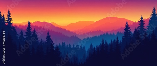 A panoramic view of the sunset sky over pine trees, with vibrant colors and silhouettes against the backdrop of nature's beauty Generative AI