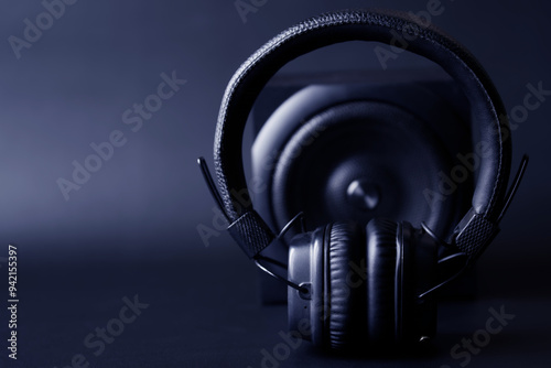 Headphones with ear pads and a black single-band audio speaker behind them. Black and blue. Concept of modern technologies and wireless audio. Copy space. Selective focus