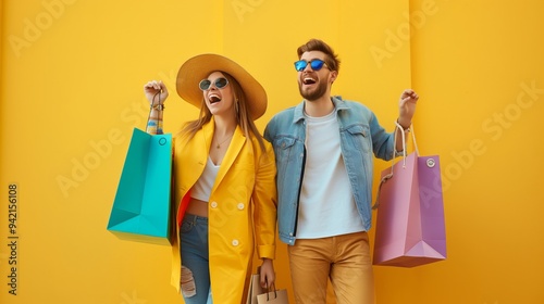 In the image, an energetic young couple wearing fashionable clothes is joyfully holding colorful shopping bags. Ideal for showcasing concepts related to lifestyle, fashion, shopping, and happiness photo