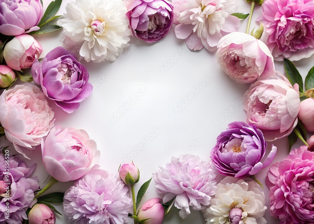Pink and crimson peonies on white background. Festive flower arrangement. Wedding invitation, Mother's Day, Valentine, Woman's Day