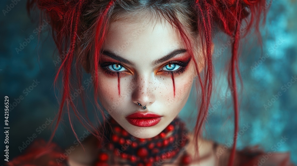 A striking artistic portrait featuring an individual with intense blue eyes, vibrant red hair, and dramatic makeup against a blurred, moody background A striking artistic portrait featuring an individual with intense blue eyes, vibrant red hair, and dramatic makeup against a blurred, moody background