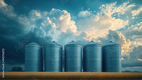 Silhouettes of Grain Silos Against Dramatic Sky