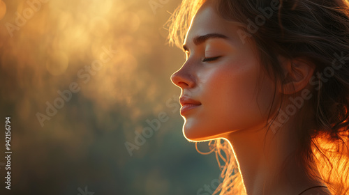 A woman basks in warm sunlight with eyes closed, her profile softly illuminated, exuding tranquility and a deep connection with nature.