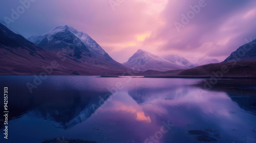 Calm reflective waters of a highland loch at dusk, with soft pinks and purples in the sky 40k, full ultra HD, high resolution.