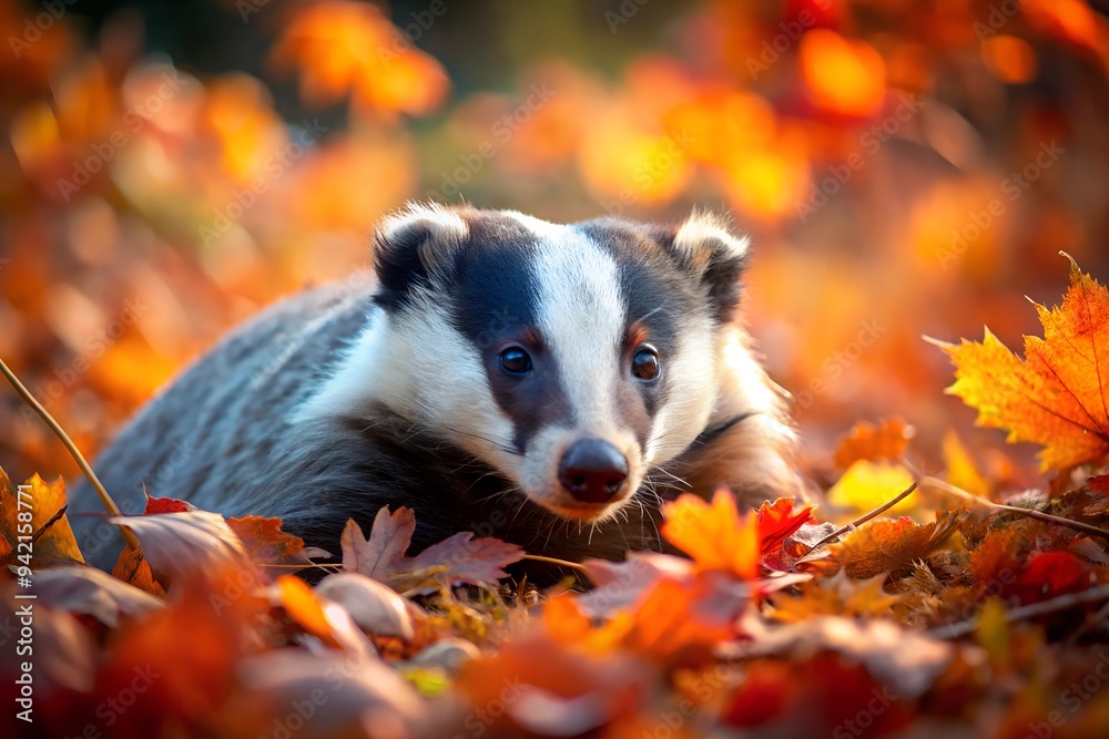 Artistic depiction of a tranquil badger resting in vibrant autumn foliage. Perfect for wildlife-themed designs, nature art, and seasonal projects. Artistic depiction of a tranquil badger resting in vibrant autumn foliage. Perfect for wildlife-themed designs, nature art, and seasonal projects.