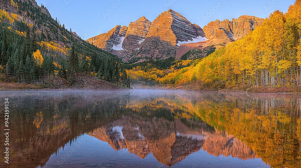 Naklejka premium A reflection of a mountain range is seen in the calm waters of a lake, encircled by autumnal foliage and distant mountains