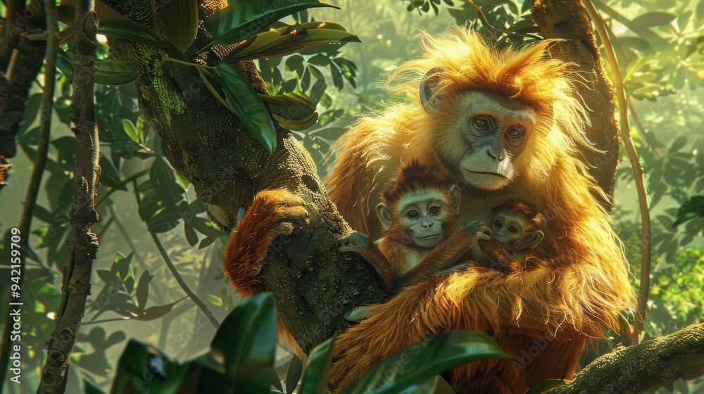 a golden monkey family, a mother holding a baby, nestled among the branches of a tall tree