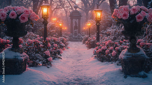   A snowy park path with two lamps on either side and pink flowers on the opposite side photo