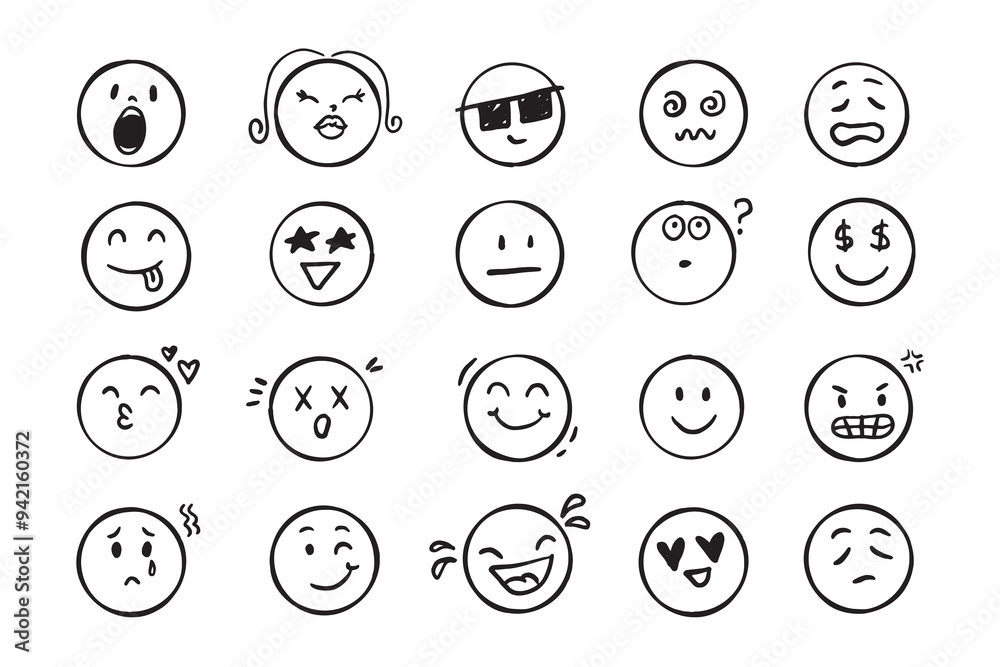 Emoji face icon doodle set. Faces with different emotion mood. Hand drawn comic sketch style. Emoji face icon doodle set. Faces with different emotion mood. Hand drawn comic sketch style.
