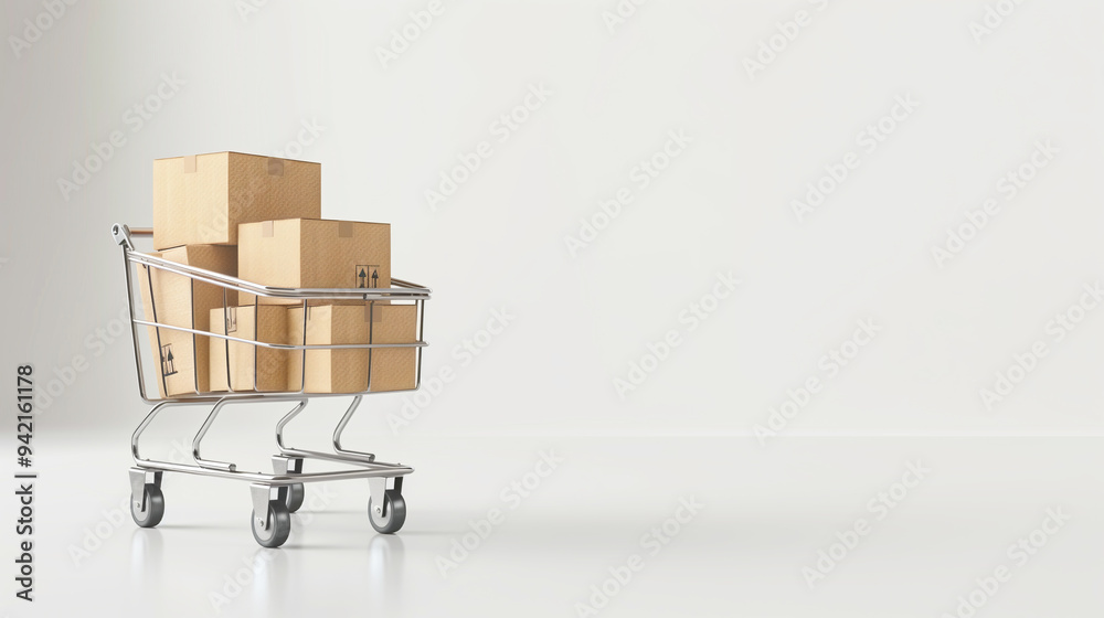 Shopping cart filled with cardboard boxes. Boxes of varying sizes are neatly stacked inside the cart, giving the appearance of organization and readiness for moving or delivery. Shopping cart filled with cardboard boxes. Boxes of varying sizes are neatly stacked inside the cart, giving the appearance of organization and readiness for moving or delivery.