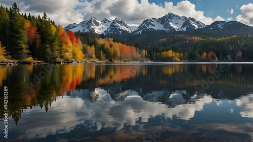 A calm mountain lake reflecting the brilliant hues of the surrounding fall foliage, and snow-capped peaks peeping through the clouds. superior quality image