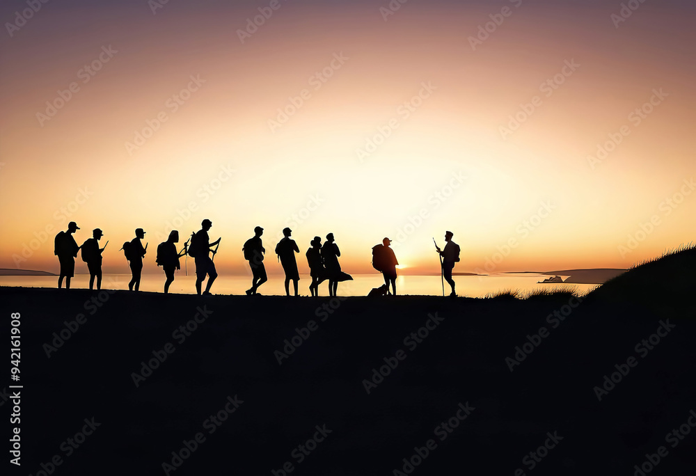 silhouettes of tourists against sunset in Europe, night landscapes, traditional scenery