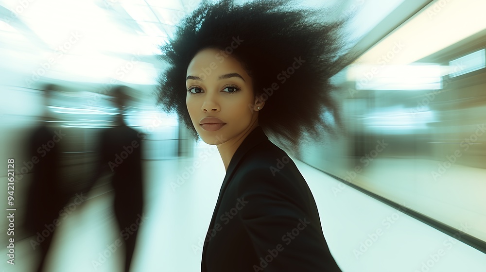 Businesswoman in Motion in Modern Office Corridor Businesswoman in Motion in Modern Office Corridor