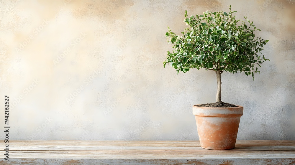 Bonsai tree in a terracotta pot against a soft textured wall background Bonsai tree in a terracotta pot against a soft textured wall background