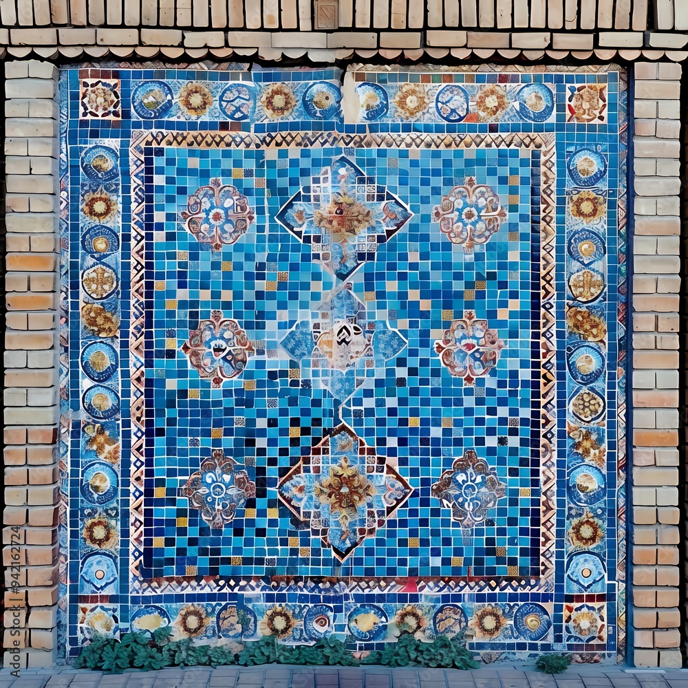 Ornate blue tile mural featuring intricate patterns and designs. Ornate blue tile mural featuring intricate patterns and designs.