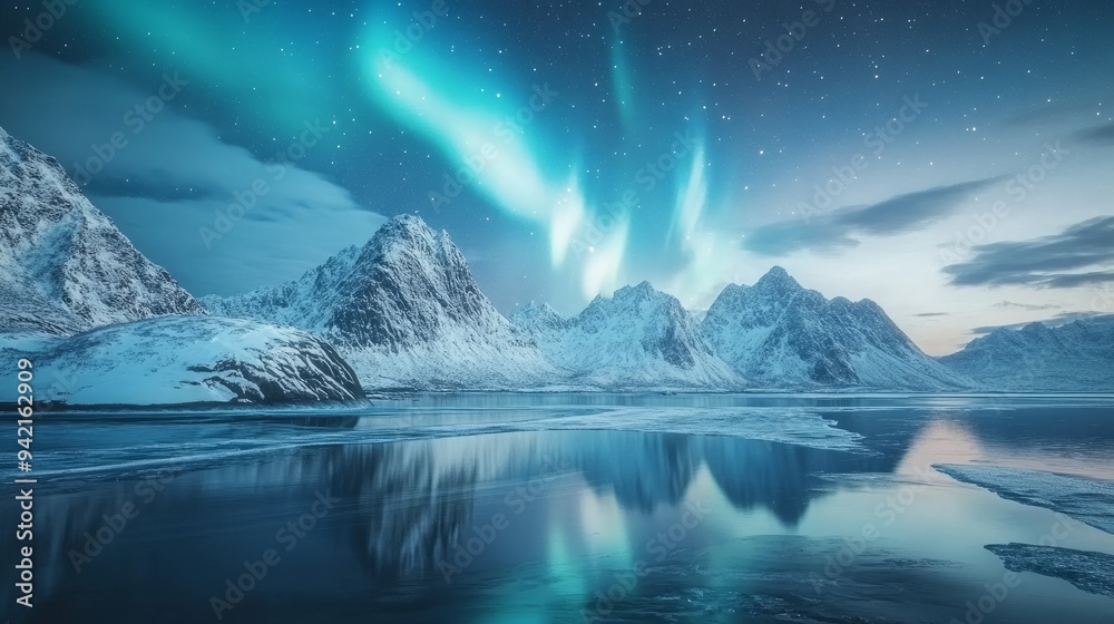 Winter night at Lofoten, Norway, with the northern lights across the snow-capped mountains, frozen sea, and reflection in the water. Snow-covered rocks and the aurora borealis. Road, fjord, starry sky Winter night at Lofoten, Norway, with the northern lights across the snow-capped mountains, frozen sea, and reflection in the water. Snow-covered rocks and the aurora borealis. Road, fjord, starry sky