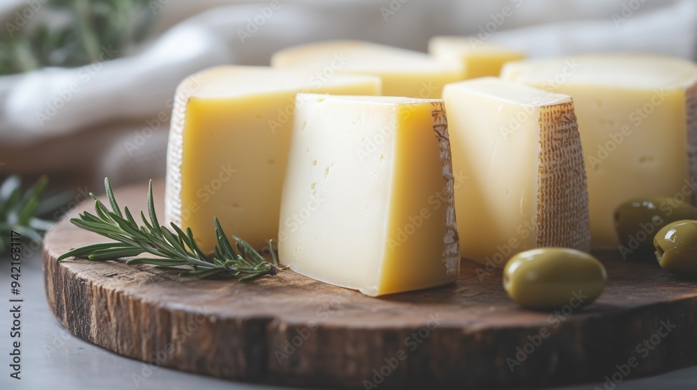 Aged Manchego cheese on a rustic platter with olives and rosemary captures Spanish culinary heritage.