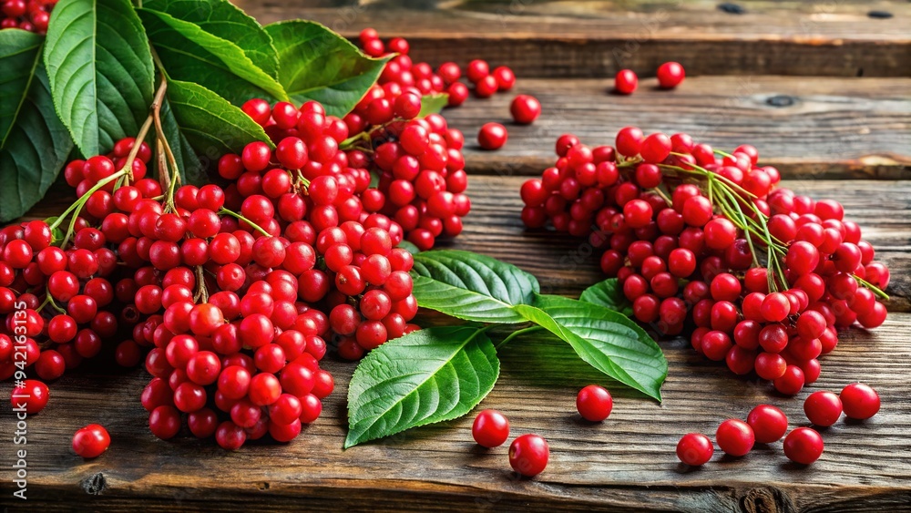 Vibrant red schizandra berries scattered on a rustic wooden table, surrounded by lush green leaves and stems, evoking a sense of natural harmony and wellness. Vibrant red schizandra berries scattered on a rustic wooden table, surrounded by lush green leaves and stems, evoking a sense of natural harmony and wellness.