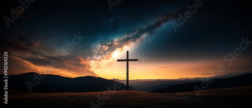 A cross is standing in the middle of a field of stars