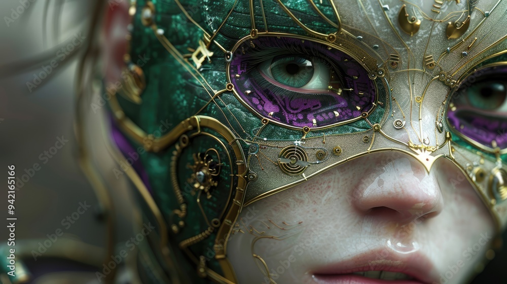 A close-up of an individual's face with a metallic green and purple cybernetic mask, where delicate wires and gears peek out, emphasizing the seamless integration of technology and organic features. A close-up of an individual's face with a metallic green and purple cybernetic mask, where delicate wires and gears peek out, emphasizing the seamless integration of technology and organic features.