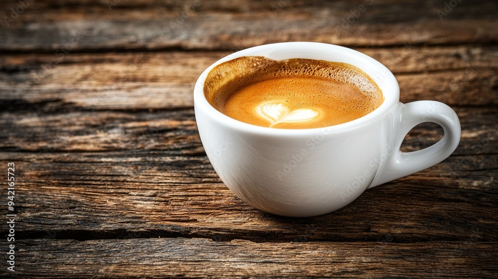 Fototapeta premium A close-up of a cup of coffee on a wooden table with a heart drawn on its interior