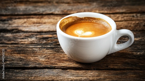  A close-up of a cup of coffee on a wooden table with a heart drawn on its interior